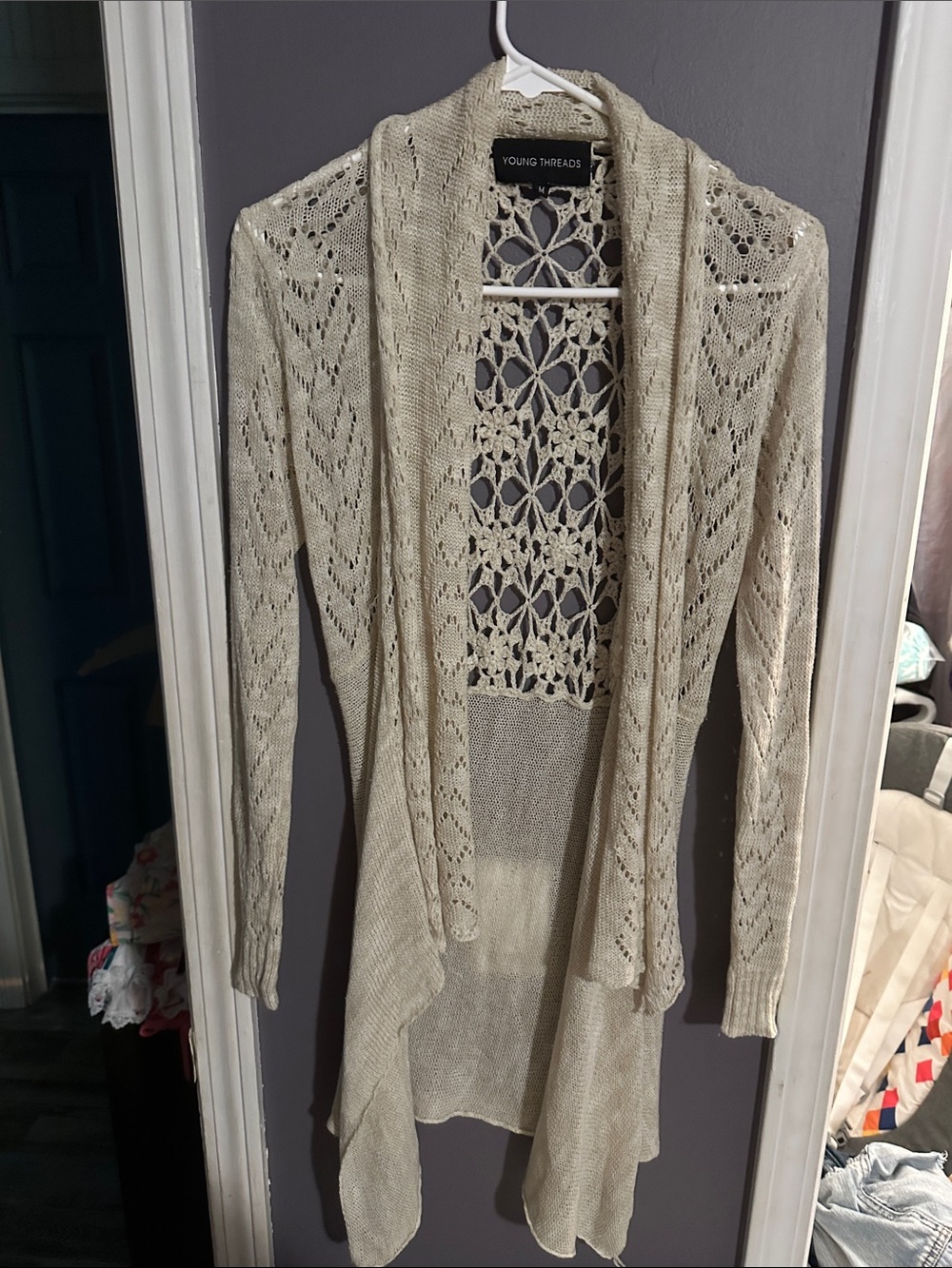 Young Threads Cream Open-Front Lace-Back Cardigan